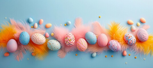 Easter eggs and feathers in trendy pastel candy colors