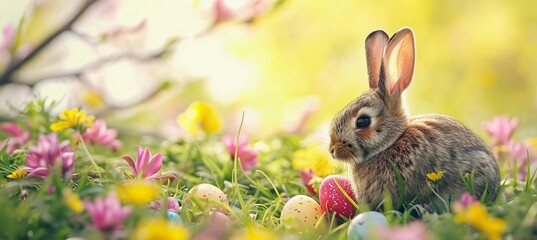 Bunny With Easter Eggs In Flowery Meadow