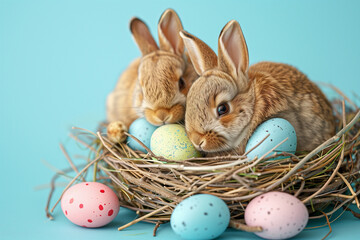 Fototapeta na wymiar Easter Bunnies Rabbits with Eggs 