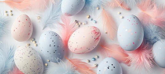 Lots of Easter eggs and feathers in trendy pastel candy colors