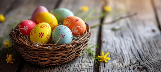 Easter painted eggs in the basket on wooden table for your decoration in holiday, copy space