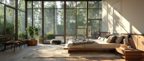 Modern bedroom with many windows. 3d rendering