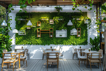 Fototapeta na wymiar Modern white cafe with living wall 