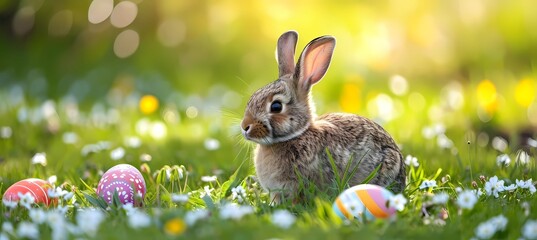 Adorable Bunny With Easter Eggs In green Flowery Meadow