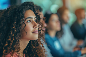 Young Hispanic woman listening to presentation in office group meeting
