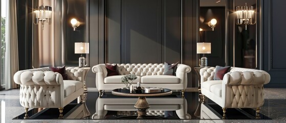 Modern classic living room with a seating area with white upholstered furniture with a black...