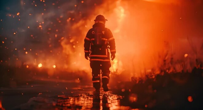 Heroic firefighter battling a fierce blaze at night