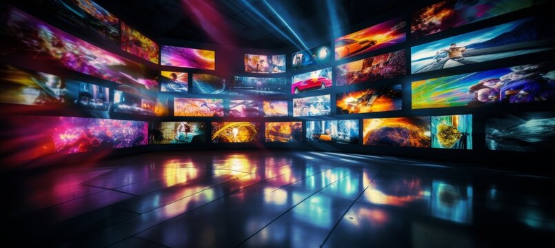 Abstract multimedia background with various channel images, web streaming media, tv video technology