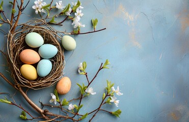 Easter greeting background, pastel blue background