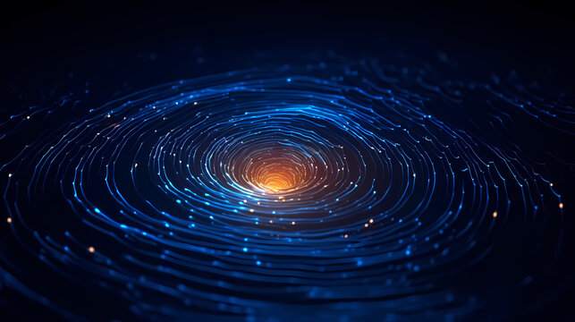 Holographic quantum vortex, shimmering particles spiraling through three-dimensional blue space © jiejie