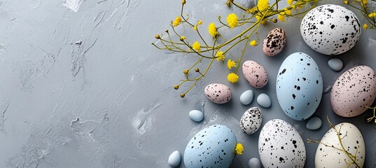 Easter composition on gray concrete background, negative space, pastel colors