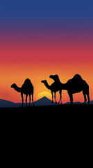 Silhouette of Arab with camel at sunrise