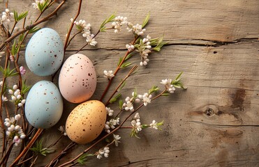 Easter eggs and willow on wooden tabl, Easter greeting background