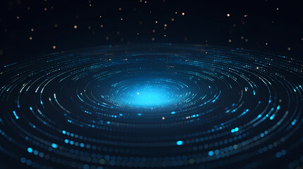 Holographic quantum vortex, shimmering particles spiraling through three-dimensional blue space
