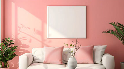  Mockup for special offers as advertising or other ideas. Empty place for inspirational, motivational text or quote at soft pastel pink wall. With Terry branches and white couch