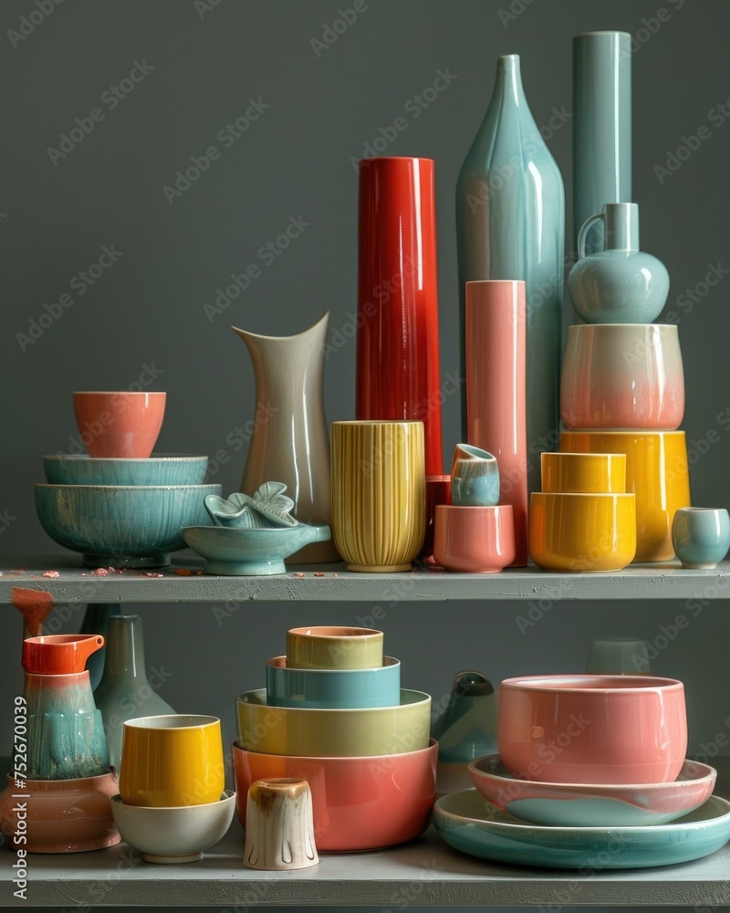 Poster a shelf with many colorful plates and bowls. generative ai.