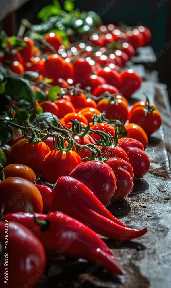 Poster a row of tomatoes and peppers on a table. generative ai.