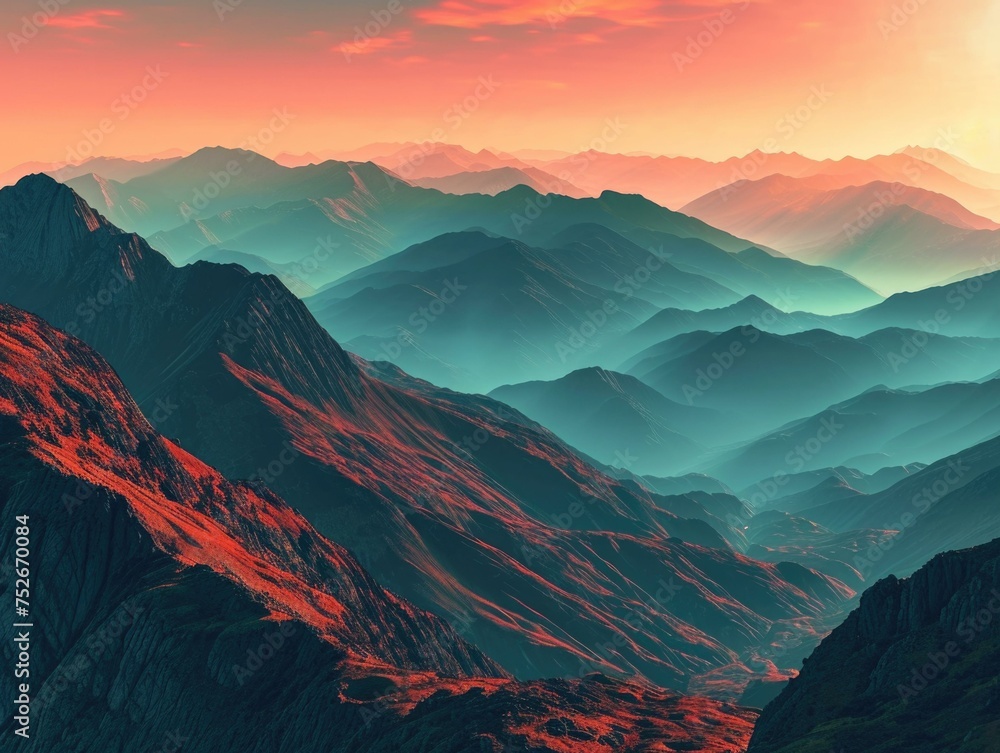 Poster a mountain range with a sunset in the background. generative ai.