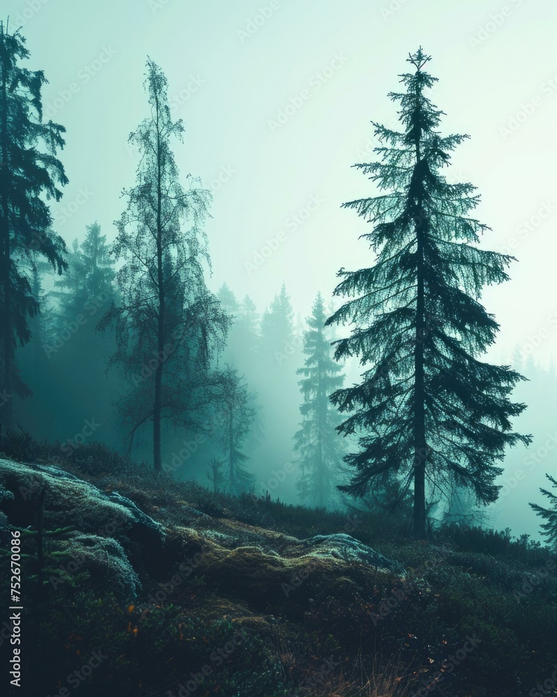 Poster a foggy forest with trees and rocks. generative ai.