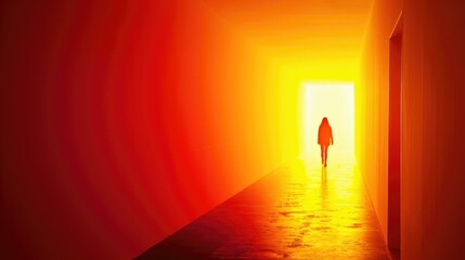 A person walking through an empty hallway with a bright light at the end. Generative AI.