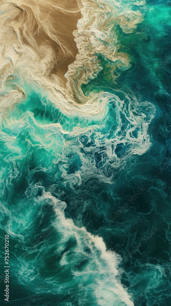 Poster a view of the ocean from above with waves and sand. generative ai.