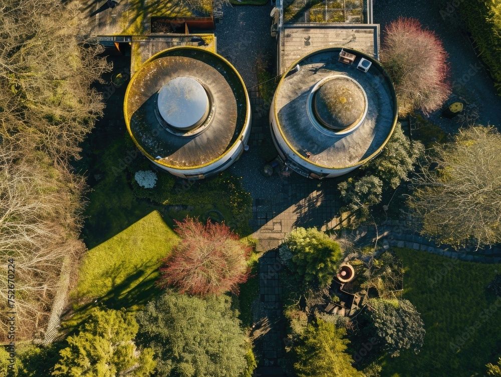 Poster aerial view of two domes in a park. generative ai.