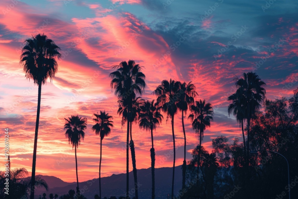 Poster palm trees in the foreground of a sunset. generative ai.
