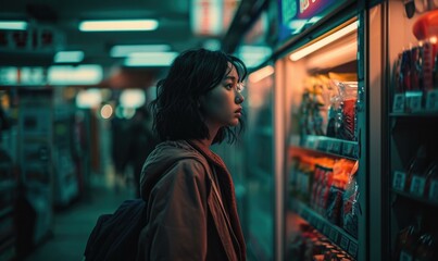 A woman looking at a vending machine in a dark store. Generative AI.