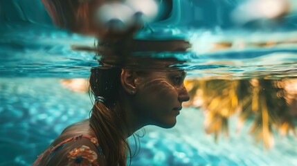 A person's face is partially submerged underwater, aligning perfectly with the waterline, creating an interesting visual effect that separates the image into two distinct halves. The underwater sectio