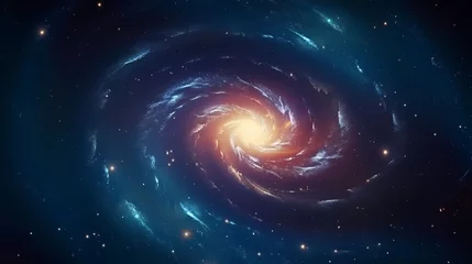 Rolgordijnen Holographic quantum vortex, shimmering particles spiraling through three-dimensional blue space © jiejie