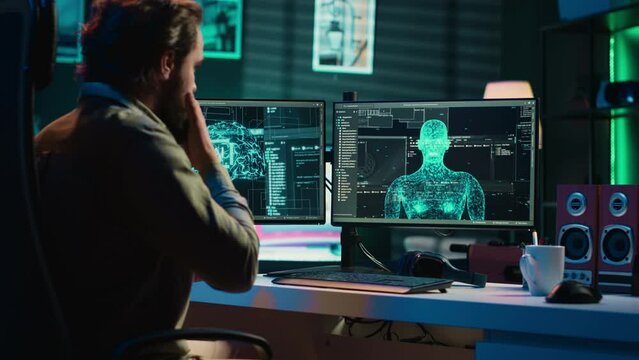 Man feeling speechless after seeing AI gaining anthropomorphic form and consciousness, waving hand to salute him. Computer engineer surprised by sentient artificial intelligence greeting him, camera A