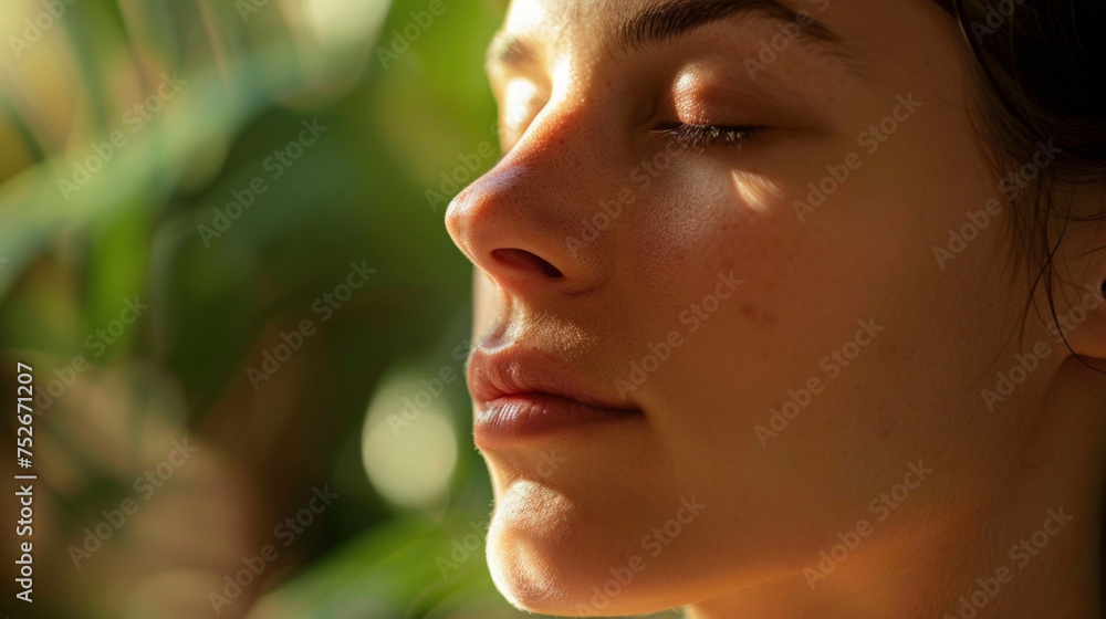 Poster a closeup of a persons face calm and serene as they focus on their posture and alignment during a qi