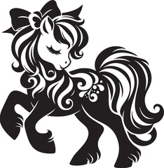 Adorable Pony with Bow Tail in Monochrome Vector Art