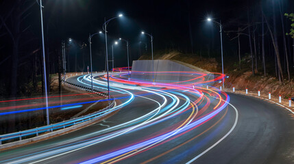 Night scene at the newly widened curved pass in Da Lat, Vietnam illuminated by the headlights of...