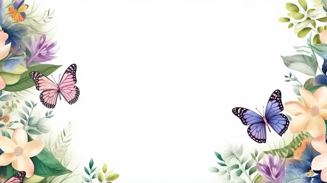 plants and flying butterflies. watercolor painting. white background