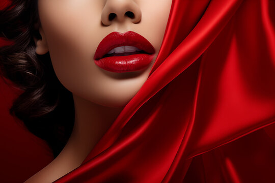 A striking image of lips painted in a bold shade of red color, the natural curves and contours with a touch of glamour, beauty or fashion visuals.