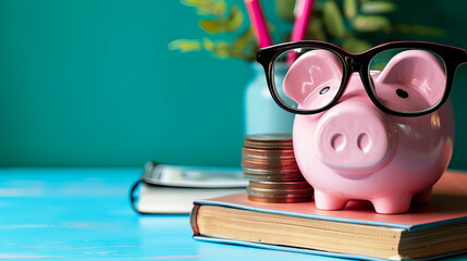 piggy bank, books, glasses and money, classes on financial literacy concept - AI Generated