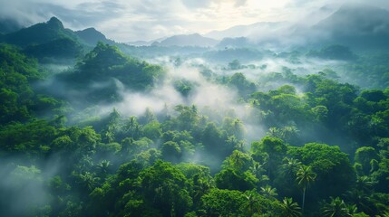 Lush green tropical rainforest landscape with misty mountains at dawn. Foggy morning at rainforest.