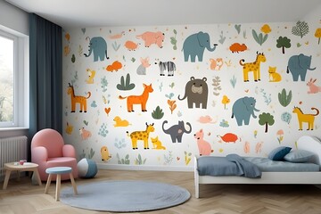Kids room wallpaper with animals and pastel colors. Nursery wall mural, very minimalistic drawing, white wall, Generative AI
