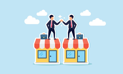 B2B sales involve business to business agreements, enterprise commerce, and trade between companies and suppliers concept, businessman owner handshake on enterprise shop for B2B agreement.