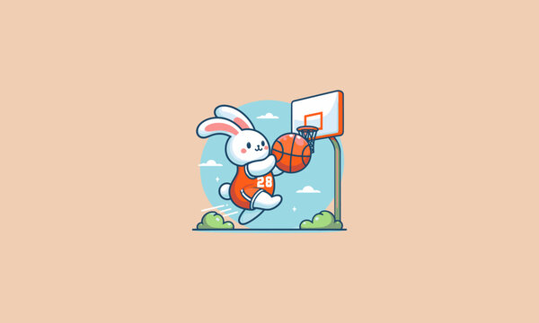 rabbit playing basket ball vector illustration flat design