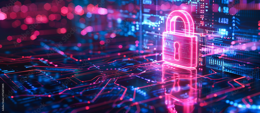 Fototapete cyber security and privacy data network protection concept. Digital padlock on abstract technology background