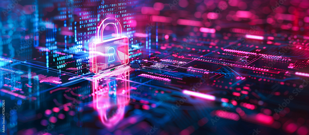 Poster cyber security and privacy data network protection concept. digital padlock on abstract technology b