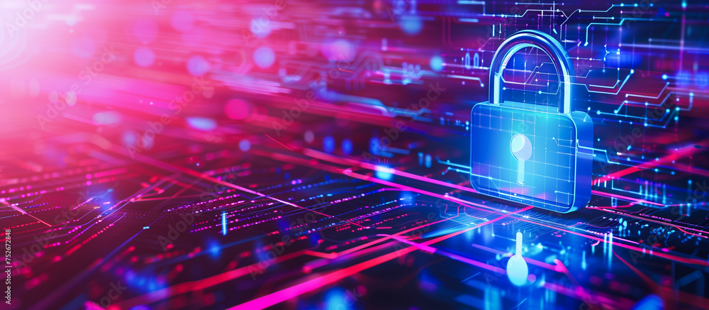 Poster cyber security and privacy data network protection concept. digital padlock on abstract technology b