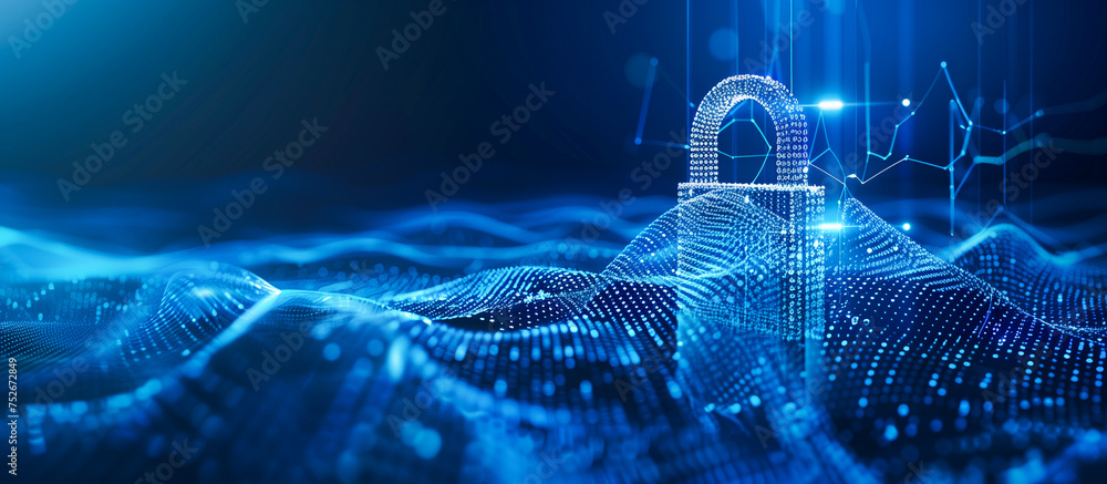 Poster cyber security and privacy data network protection concept. digital padlock on abstract technology b
