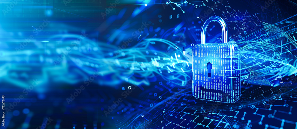 Poster cyber security and privacy data network protection concept. digital padlock on abstract technology b