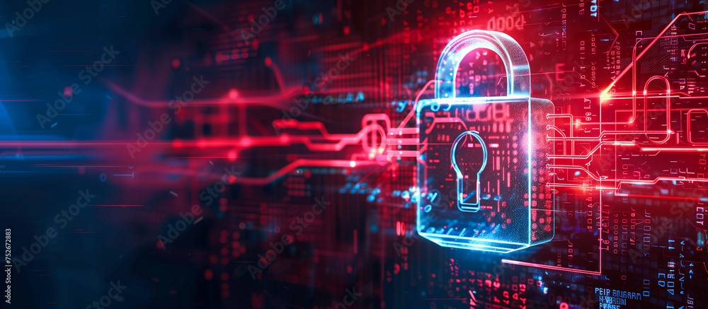 Poster cyber security and privacy data network protection concept. digital padlock on abstract technology b