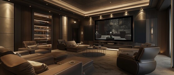 Modern private home cinema system with beamer and canvas and many chairs. 3d illustration. - obrazy, fototapety, plakaty