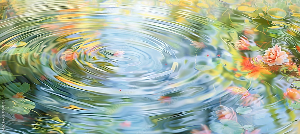 Poster pastel ponds reflecting delicate spring blooms with soft ripples in an abstract spring background