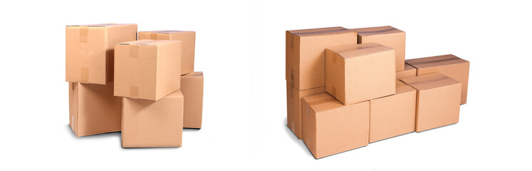 cardboard pile or piles box or stack carton  isolated on white background. Online marketing packaging boxes and delivery
